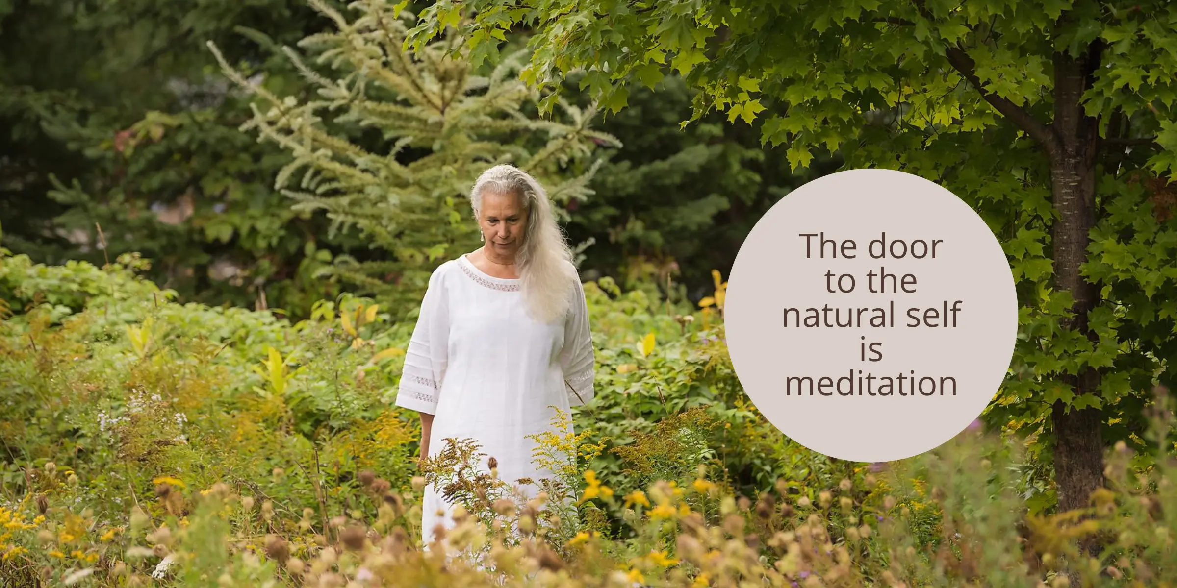 Swami Tierra walking in a peaceful forest garden symbolizing meditation and connection to the natural self in an Ayurvedic purification program in Ottawa