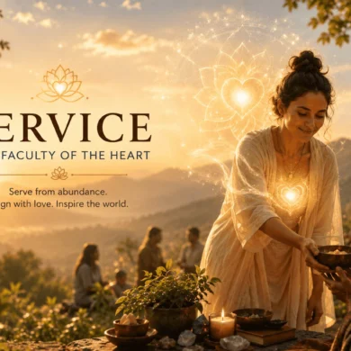 A woman serving with compassion and heart-centered energy during a peaceful spiritual gathering outdoors.