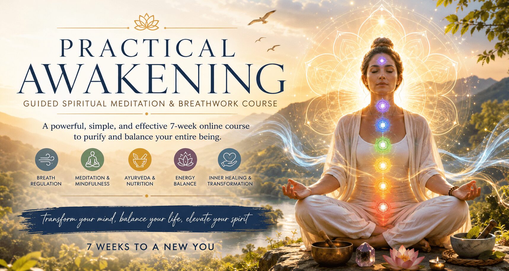 Woman practicing meditation with glowing chakra alignment during a guided spiritual awakening and breathwork self-transformation course in nature.